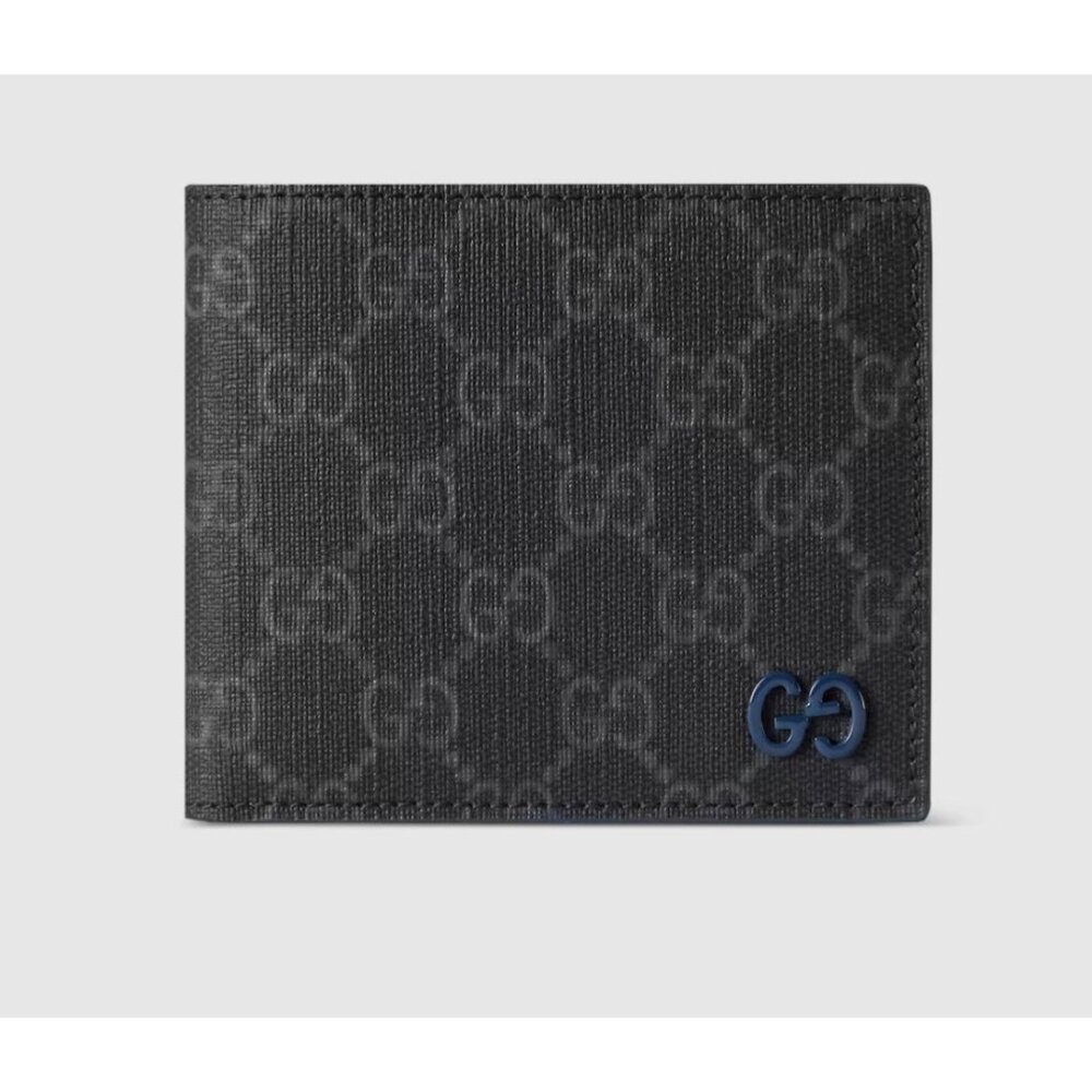 Gucci Black GG Supreme Bi-Fold Wallet with Blue Double G